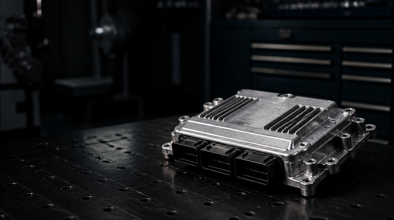 Illustrative industrial photograph of an electronic module on a precision workbench